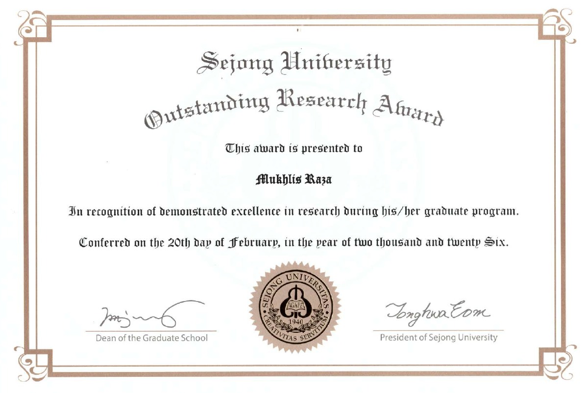 Outstanding Research Award for Sejong University AI Master’s Graduate Mukhlis Raza